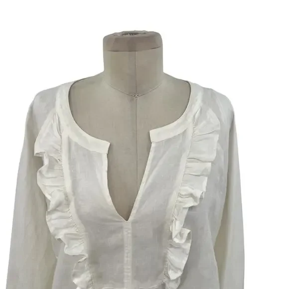 Wrap‎ London Peasant Top Blouse Long Sleeve Ruffle Linen White Size US 12 - Picture 2 of 11
